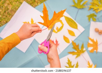 Kids Workshop Children Scissors Cutting Leaves Art Craft Kids Handmade Autumn Child Art Education Nature Creative Autumn Leaves. Diy Art Kid Creative Play Learning Outside School Outdoor Learning Park