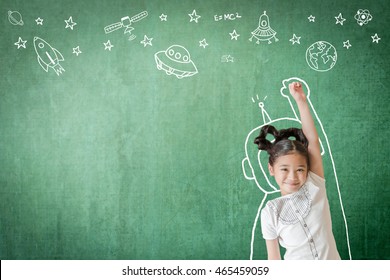 Kid's world learning inspiration in successful education with creative imagination for back to school concept and STEM science technology engineering maths with doodle on aviation on green chalkboard - Powered by Shutterstock