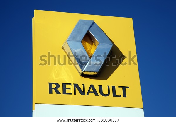 Kidwelly, Wales, UK,\
November 20, 2016 : A  Renault sign at their car showroom showing\
its company logo
