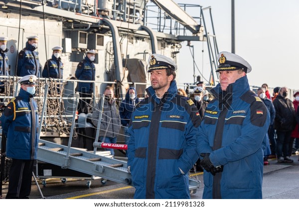 Kiel, Germany, Feb. 7, 2022 - Naval Base Kiel. The\
mine diver task boat Bad Rappenau leaves home port for a NATO\
mission under the command of Lieutenant Commander Jan Brodersen in\
the Black Sea