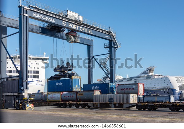 Kiel, Germany, January 18, 2019 - Port of Kiel,\
container and truck waiting for the crossing to Sweden at\
Schwedenkai in Kiel