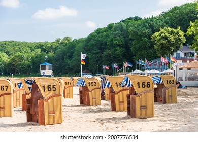 Kiel, Germany, July 2021 Beach Chairs On The Fine Sandy Beach Of Möltenort On Kieler Förde In Summer