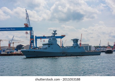 Kiel, Germany, July 2021 - The New Building Of A Warship On A Test Drive In The Port Of Kiel