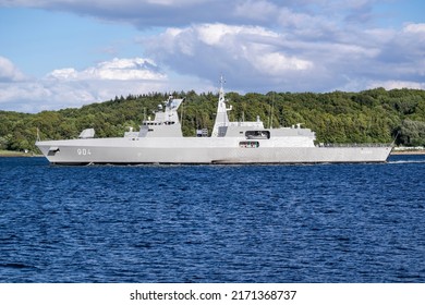 Kiel, GERMANY - JUNE 13, 2022: New Build Meko 200 Type Frigate AL-AZIZ 904 For The Egyptian Navy On Sea Trial In The Kiel Fjord