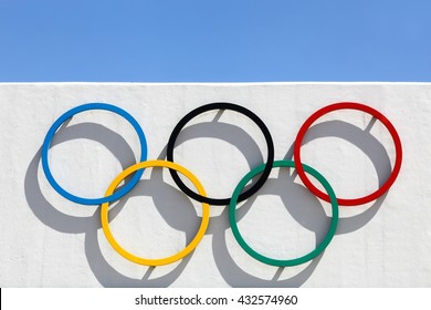 Kiel, Germany - June 4, 2016:  Olympic rings at Kiel Schilksee Olympic Centre. In 1972 Olympic games held in Munich and Kiel hosted the Olympic sailing competitions