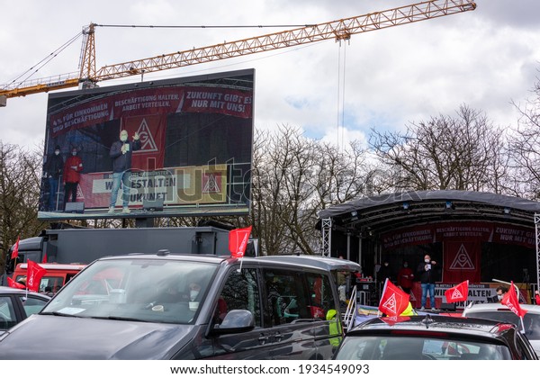 Kiel, Germany, March 12th, 2021 - Today\
demonstration of the union IG Metall with a car rally on the parade\
ground in the city center for the future of domestic jobs and for\
higher wages and salarie