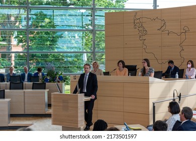 Kiel, Germany, May, 2022 Prime Minister Daniel Günther Giving A Speech In The Plenary Hall Of The Schleswig-Holstein State Parliament