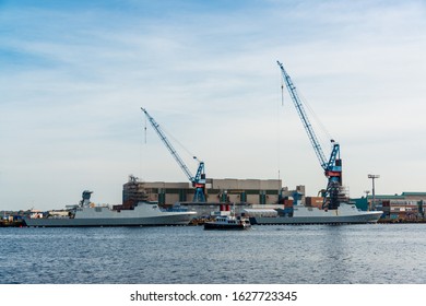 Kiel, Germany, Oct 15, 2019 - Kiel Harbour On The East Bank The Shipyardfacilities With Naval Shipbuilding