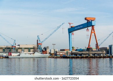 Kiel, Germany, Oct 15, 2019 - Kiel Harbour On The East Bank The Shipyardfacilities With Naval Shipbuilding