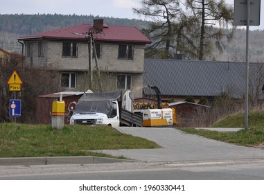 Kielce, Świętokrzyskie, Poland - 2021-04-21 - Rebak, Wood Shredder Integrated With The Car At Work