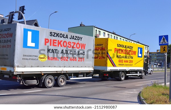 Kielce, Świętokrzyskie,\
Poland - 2021-06-22 - Truck car with trailer - driving lessons on\
the road 