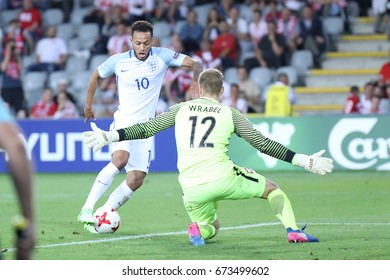 KIELCE, POLAND - JUNE 22, 2017: European Under-21 Championship Poland 2017, Poland - England O/p Lewis Baker, Jakub Wrabel