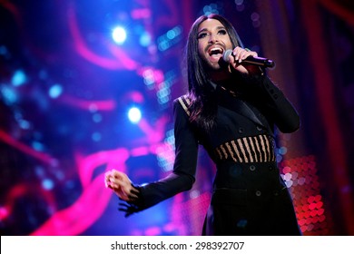 KIELCE, POLAND - JUNE 27: Austrian Cross-dressing Diva Conchita Wurst  Sings At A Concert In Kiellce, Poland On Saturday June 27 , 2015