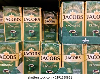 Kiel,Germany - 20 August 2022: Numerous Packages Of Jacobs Brand Coffee On A Supermarket Shelf