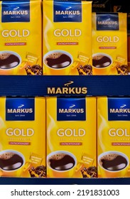 Kiel,Germany - 20 August 2022: Numerous Packages Of Markus Brand Coffee On A Supermarket Shelf