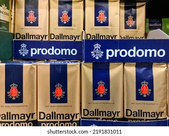 Kiel,Germany - 20 August 2022: Numerous Packages Of Dallmayr Brand Coffee On A Supermarket Shelf