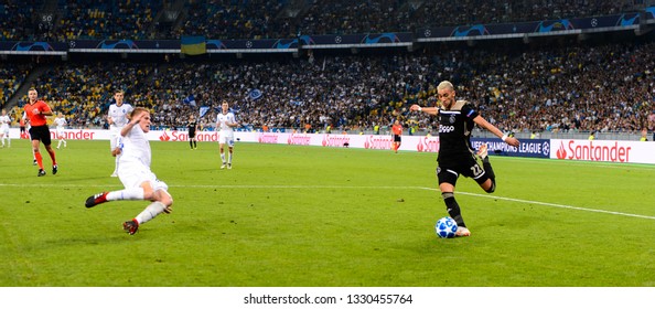 KIEV - AUG 28, 2018: Hakim Ziyech 22 Shoots The Ball. Dynamo Kyiv - Ajax Amsterdam. UEFA Champions League'19, 3rd Qualify Round, 2nd Leg.