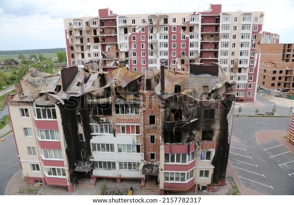 Kiev, Gostomel Ukraine - May 14 2022.\
Consequences of the destruction by the Russian army in Ukraine. The\
consequences of the bombing of Ukrainian cities by the Russian\
army. War in Ukraine