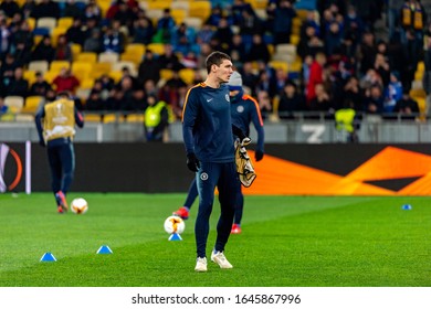 Kiev - Mar 14, 2019: Andreas Christensen 27 Warms Up. Dynamo Kyiv - Chelsea London. UEFA Europe League. NSC Olympiyskiy Stadium