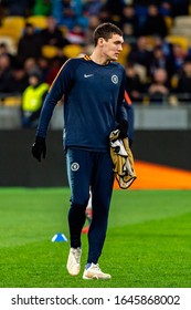 Kiev - Mar 14, 2019: Andreas Christensen 27 Warms Up. Dynamo Kyiv - Chelsea London. UEFA Europe League. NSC Olympiyskiy Stadium