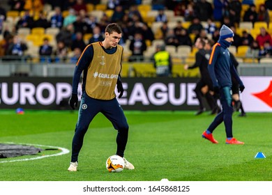 Kiev - Mar 14, 2019: Andreas Christensen 27 Warms Up. Dynamo Kyiv - Chelsea London. UEFA Europe League. NSC Olympiyskiy Stadium