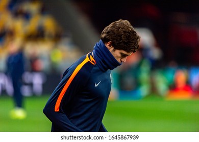 Kiev - Mar 14, 2019: Marcos Alonso 3 Warms Up. Dynamo Kyiv - Chelsea London. UEFA Europe League. NSC Olympiyskiy Stadium