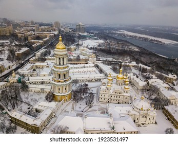 Kiev Pechersk Lavra, Covered With Snow. Cloudy Winter Morning. Aerial Drone View.