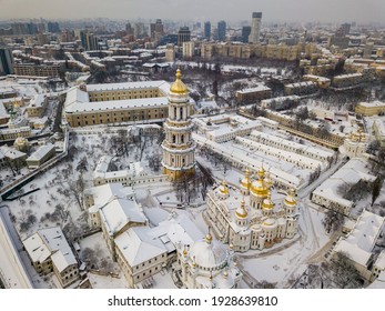 Kiev Pechersk Lavra, Covered With Snow. Cloudy Winter Morning. Aerial Drone View.