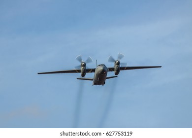 Kiev Region, Ukraine - January 5, 2012: Iraqi Air Force An-32 Cargo Plane In Flight With Blue Sky On Sunset