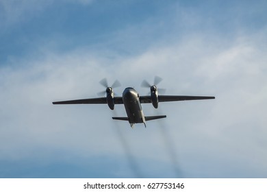 Kiev Region, Ukraine - January 5, 2012: Iraqi Air Force An-32 Cargo Plane In Flight With Blue Sky On The Background