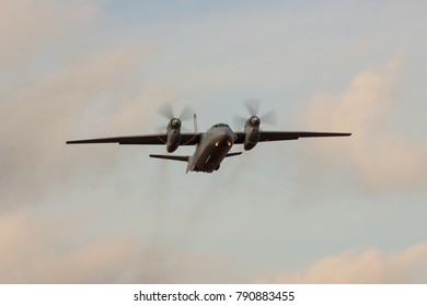 Kiev Region, Ukraine - January 5, 2012: Iraqi Air Force Antonov An-32 Cargo Plane Is Landing On Sunset