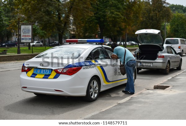 Kiev / Ukraine - 07.29.18: car stop\
by police patrol for inspection and document\
verification