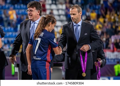 KIEV, UKRAINE - 24 MAY, 2018: UEFA President Aleksander Ceferin And Amel Majri Of Lyon Shake Hands After UEFA Women's Champions League Final 2018 Match Between VfL Wolfsburg And Olympique Lyon.