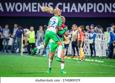 KIEV, UKRAINE - 24 MAY, 2018: Pernille Harder And Zsanett Jakabfi Of VfL Celebrate A Goal During UEFA Women's Champions League Final 2018 Match Between VfL Wolfsburg And Olympique Lyon.