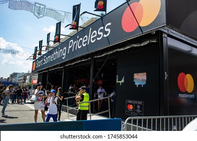 KIEV, UKRAINE - 24 MAY, 2018: A view of the official Mastercard stand at the UEFA Champions League Final 2018 fan zone in Kiev. 