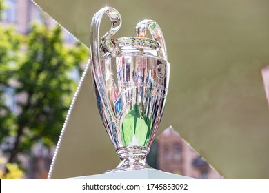 KIEV, UKRAINE - 25 MAY, 2018: A view of the UEFA Champions League trophy at the UEFA Champions League Final 2018 fan zone in Kiev. 