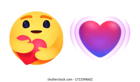 Kiev, Ukraine - April 18, 2020: New Facebook And Messenger Like Button Empathetic Emoji Reactions, Printed On Paper. Facebook Is Adding A Hug Reaction To Show You Care During The COVID-19 Pandemic