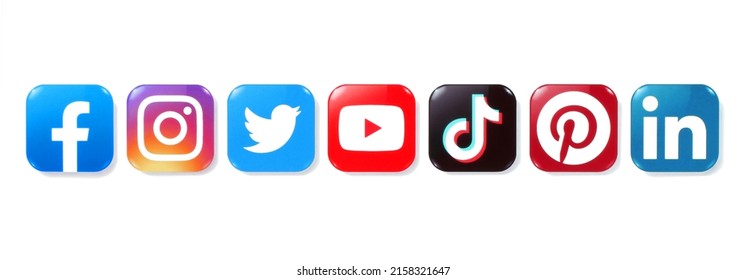 Kiev, Ukraine - April 22, 2022: Set of popular Social Media and Mobile Apps icons in realistic volume design: Facebook, Twitter and Youtube. Printed on paper