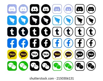 Kiev, Ukraine - April 26, 2022:  Collection of most popular social media black logos: Discord, DingTalk, Tumblr, Facebook, KakaoTalk, WeChat, printed on paper.