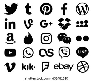 Kiev, Ukraine - April 27, 2017: Collection of popular black logo signs of social media icons, printed on paper: Facebook, Twitter, Google Plus, Instagram, Pinterest, LinkedIn, Tumblr and others.