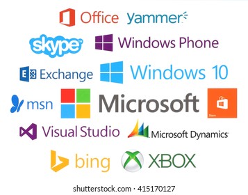 Kiev, Ukraine - April 28, 2016: Collection of Microsoft products logos printed on paper: Skype, Bing, Exchange, Office, Microsoft Dynamics, MSN, Visual Studio, Windows 10, XBOX and yammer