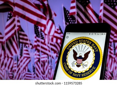 KIEV, UKRAINE - Aug. 19, 2018: Seal Of United States Navy, Chief Of Navy Reserve Seen Displayed On Smart Phone.