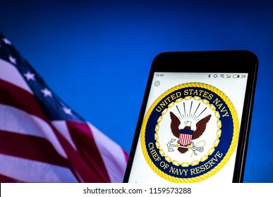 KIEV, UKRAINE - Aug. 19, 2018: Seal Of United States Navy, Chief Of Navy Reserve Seen Displayed On Smart Phone.