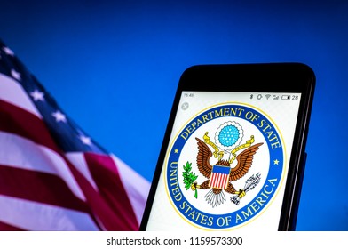 KIEV, UKRAINE - Aug. 19, 2018: Seal Of United States Department Of State Seen Displayed On Smart Phone.