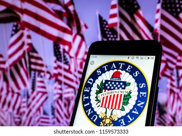 KIEV, UKRAINE - Aug. 19, 2018:  Seal of United States Senate seen displayed on smart phone.