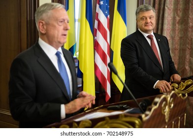 KIEV, UKRAINE - Aug 24, 2017: Meeting Of Ukrainian President Petro Poroshenko And United States Secretary Of Defense James Mattis.