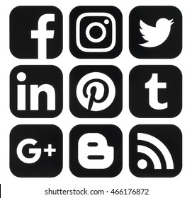 Kiev, Ukraine - August 09, 2016: Collection of popular black social media logos printed on paper:Facebook, Twitter, Google Plus, Instagram, Pinterest, LinkedIn, Blogger, Tumblr and RSS