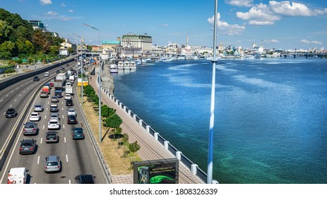 Kiev, Ukraine - August 11, 2020, Car Traffic Kiev Podil Embankment.