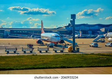 Kiev, Ukraine - August 11, 2021: Aircraft Maintenance At Boryspil Airport