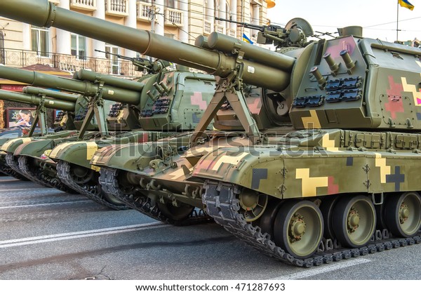 Kiev, Ukraine - August 19, 2016: Rehearsals for\
military parade for Independence Day in Kiev, Ukraine. After parade\
all weapons will go to eastern border of Ukraine to protect it from\
Russia